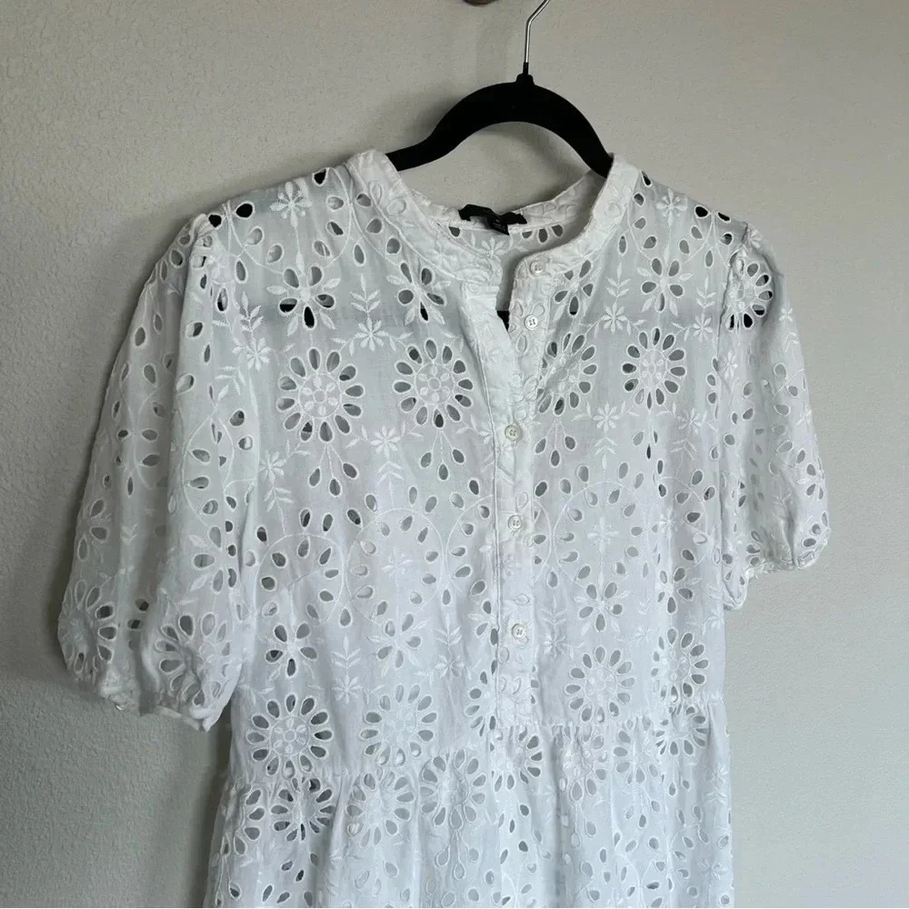 NWOT J. CREW Tiered Skirt Pop Over Shirt Dress White Eyelet Casual Women’s 8